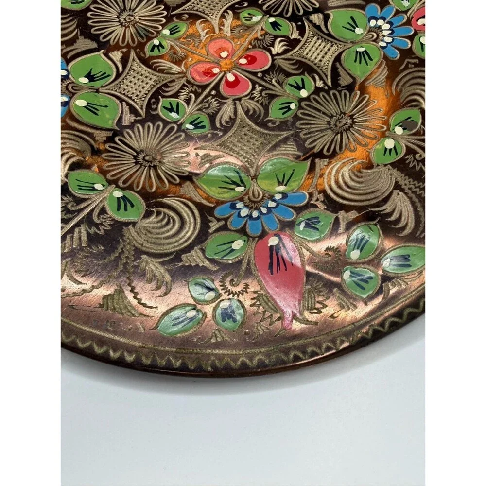 Vintage Turkish Hand Painted Copper Wall Plate 11.5